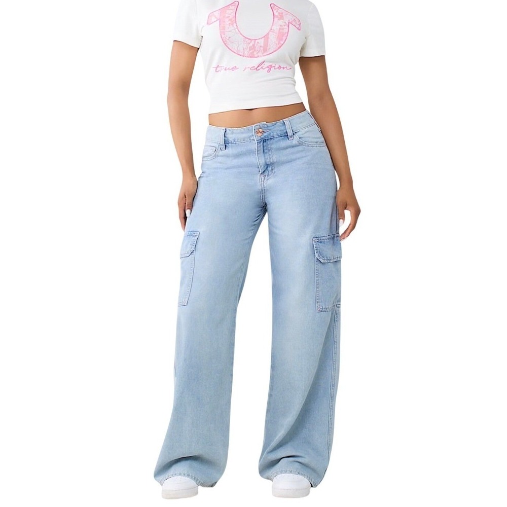 NWT True Religion Bobbi Baggy Cargo Jeans Light Wash Pink Stitching 29 Bratz